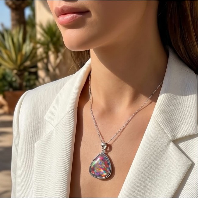 Kaleidopscop 19.5 carat Australian Doublet Opal .925 Sterling Silver handcrafted pendant - Close-up of Kaleidoscope Australian Opal necklace worn on model.