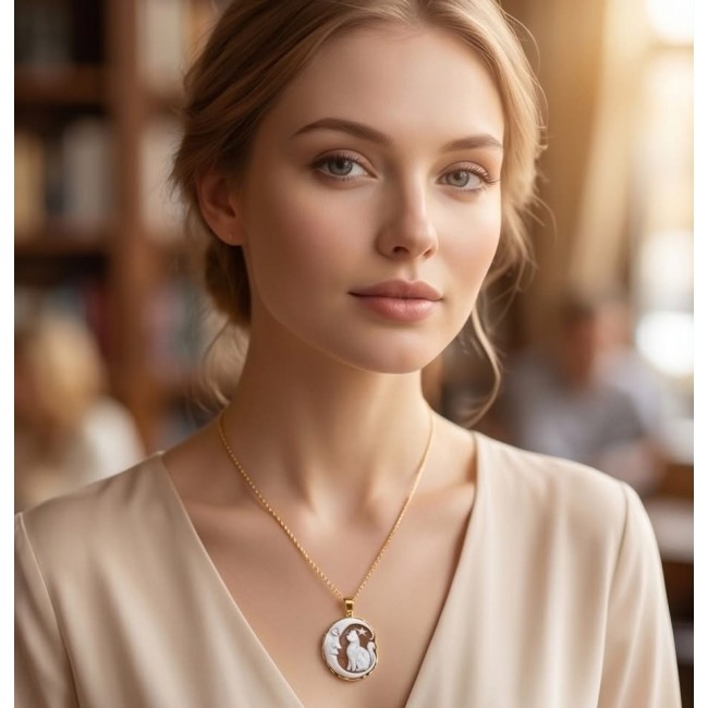 Magic Night vintage style Cameo from Sea Shell 18K Gold over .925 Sterling SilverMade in Italy Statement pendant - Model wearing Magic Night vintage cameo necklace, frontal view.