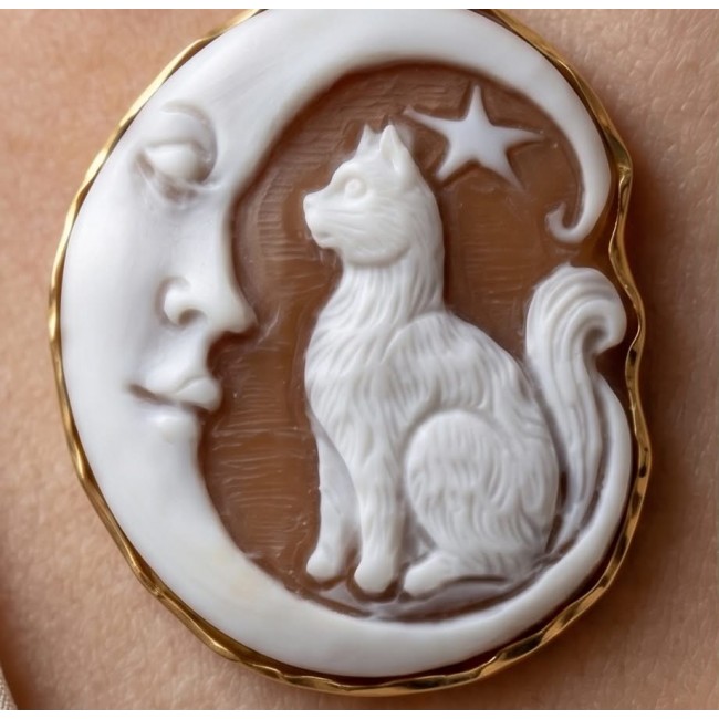 Magic Night vintage style Cameo from Sea Shell 18K Gold over .925 Sterling SilverMade in Italy Statement pendant - Close-up of a vintage style cameo with cat, moon, and star in gold setting.