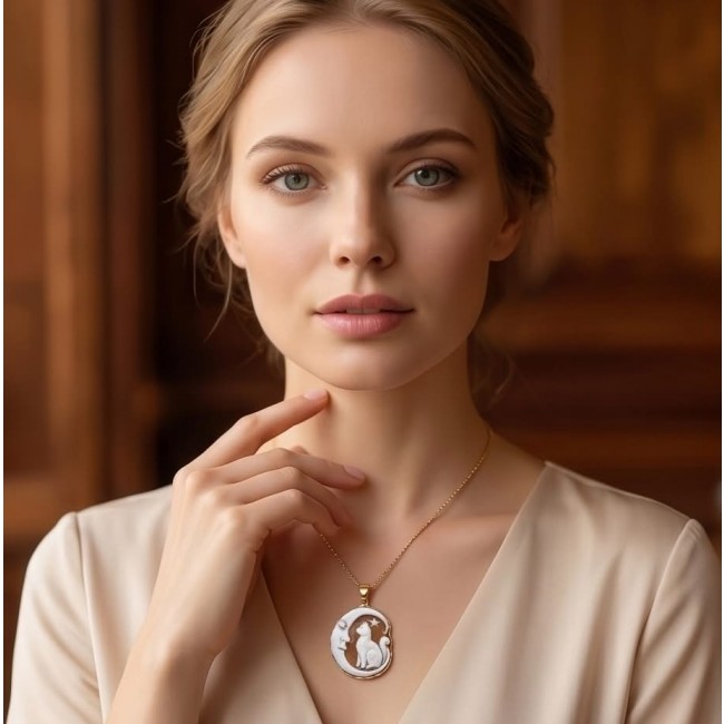 Magic Night vintage style Cameo from Sea Shell 18K Gold over .925 Sterling SilverMade in Italy Statement pendant - Woman wearing Magic Night cameo necklace, front view.