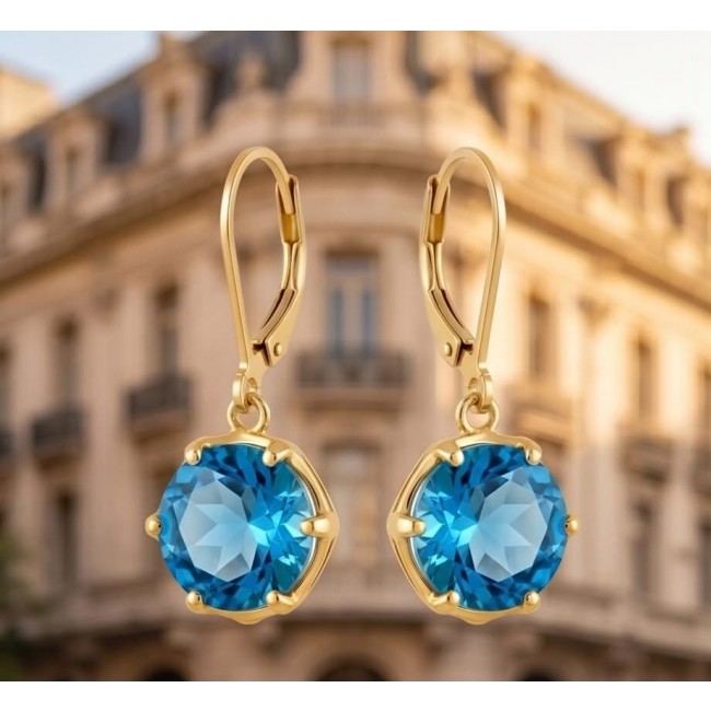 Atlantica 6.8 carat Swiss Blue Topaz 22K Gold over .925 Sterling Silver Handcrafted Statement earrings - Close-up of Atlantica Swiss Blue Topaz earrings with gold setting.