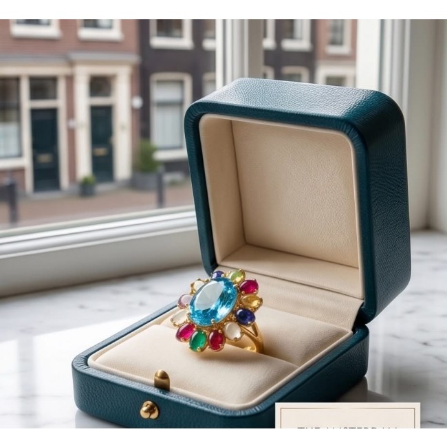 Dolce Vita 25.3 carat genuine Large Swiss Blue Topaz .925 Sterling Silver dipped in 22K Gold handcrafted Large ring size 8 - Top view of Dolce Vita ring with 25.3 carat Swiss Blue Topaz in box.