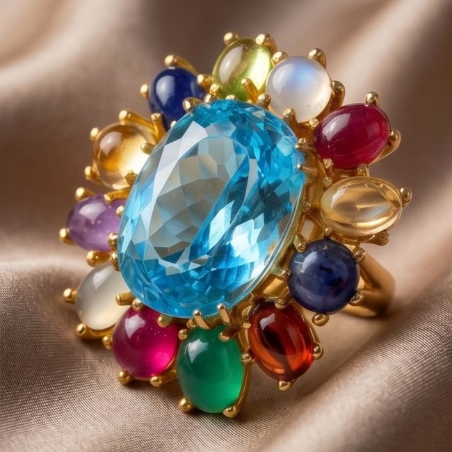 Dolce Vita 25.3 carat genuine Large Swiss Blue Topaz .925 Sterling Silver dipped in 22K Gold handcrafted Large ring size 8 - Close-up of Dolce Vita ring with 25.3 carat Swiss Blue Topaz and gems