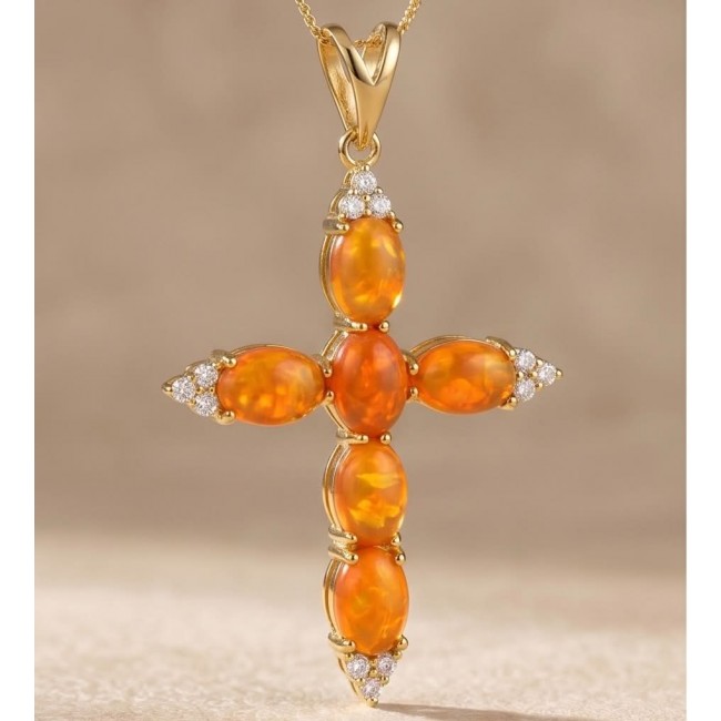 Holy Cross the best quality mexican Golden Opal .925 Sterling Silver dippedin 18K Gold Pendant - Golden opal cross pendant with diamond accents, front view.