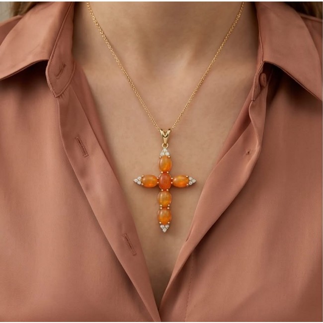 Holy Cross the best quality mexican Golden Opal .925 Sterling Silver dippedin 18K Gold Pendant - Woman wearing Golden Opal cross pendant on a chain, front view.