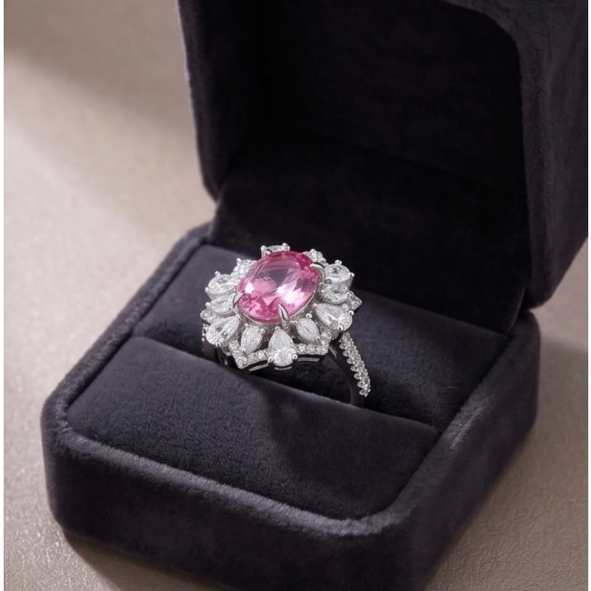 Anastasia 5.2 carat Pink Sapphire .925 Sterling Silver Handcrafted Statement Ring size 5 - Pink sapphire ring in velvet box, top angle, showcasing gemstone and setting.