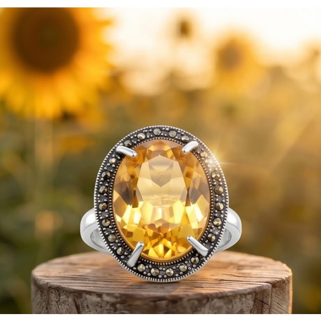 Golden Dream 22.5 carat Citrine Marcasite .925 Sterling Silver Handcrafted Ring size 8 3/4 - Close-up of Golden Dream Citrine ring with marcasite on wood display.
