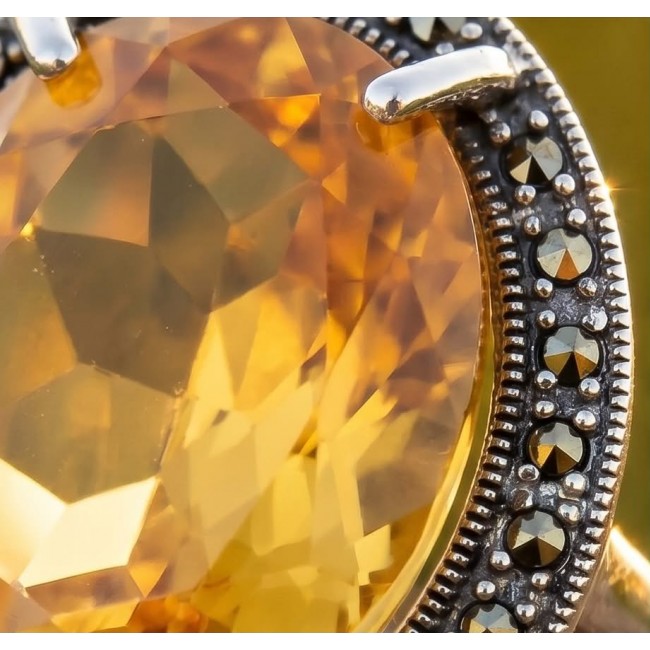 Golden Dream 22.5 carat Citrine Marcasite .925 Sterling Silver Handcrafted Ring size 8 3/4 - Stone close-up of Citrine and Marcasite sterling silver jewelry