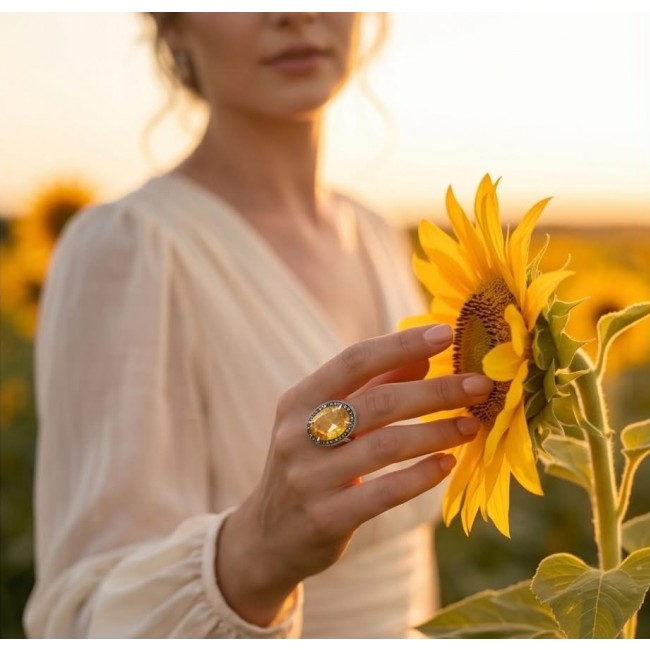 Golden Dream 22.5 carat Citrine Marcasite .925 Sterling Silver Handcrafted Ring size 8 3/4 - Close-up of Golden Dream Citrine ring worn on hand near sunflower.