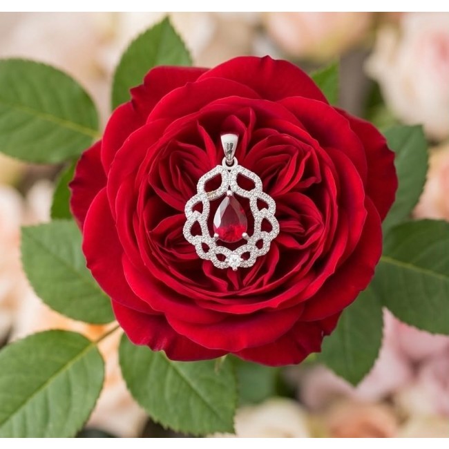Magnificent Jewel 4.5 carat Ruby .925 Sterling Silver handcrafted incredible Pendant - Ruby pendant on red rose, close-up view.