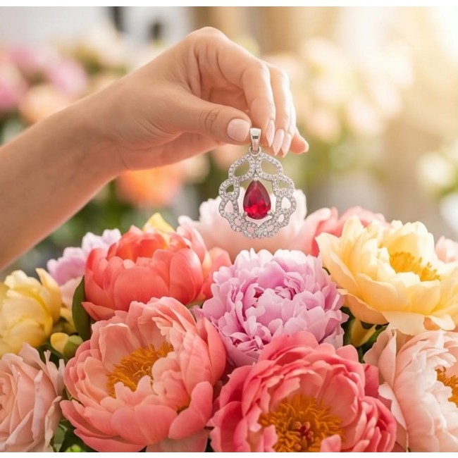 Magnificent Jewel 4.5 carat Ruby .925 Sterling Silver handcrafted incredible Pendant - Hand holding ruby pendant above colorful peonies, close-up view.