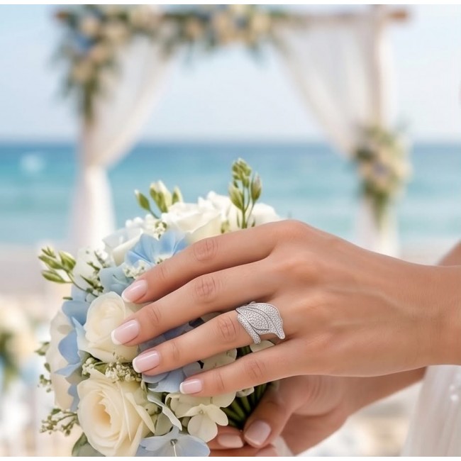 Luxurious Silver Leaf 3.8 carat White Topaz .925 Sterling Silver Solid ring size 8 - Luxurious silver leaf ring with white topaz worn on hand holding flowers.