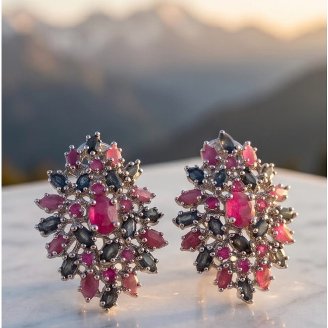 Bella Rosa Genuine 22.8 carat Ruby .925 Sterling Silver dipped in rhodium Statement brilliantly handcrafted earrings - Bella Rosa earrings, front view, ruby and sapphire on sterling silver.