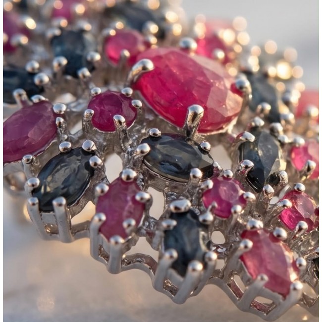 Bella Rosa Genuine 22.8 carat Ruby .925 Sterling Silver dipped in rhodium Statement brilliantly handcrafted earrings - Close-up of Bella Rosa 22.8 carat Ruby in .925 Sterling Silver setting.