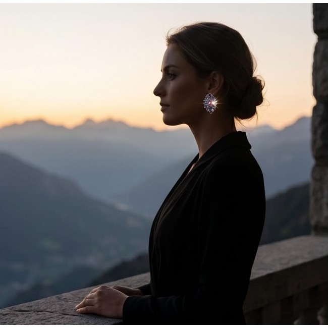 Bella Rosa Genuine 22.8 carat Ruby .925 Sterling Silver dipped in rhodium Statement brilliantly handcrafted earrings - Side view of woman wearing Bella Rosa 22.8 ct Ruby Sterling Silver earrings