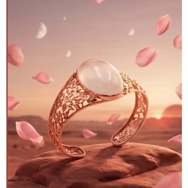Vintage Beauty Genuine 35.2 carat Brazilian Rose Quartz Rose quartz 22K Rose Gold over .925 Sterling Silver handcrafted Bracelet / Cuff - Ornate bracelet with rose quartz stone, side view, pink petals in background.