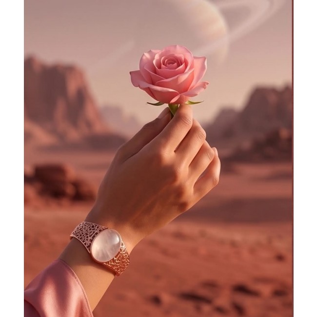 Vintage Beauty Genuine 35.2 carat Brazilian Rose Quartz Rose quartz 22K Rose Gold over .925 Sterling Silver handcrafted Bracelet / Cuff - Rose Quartz bracelet worn on hand holding a pink rose, desert background.