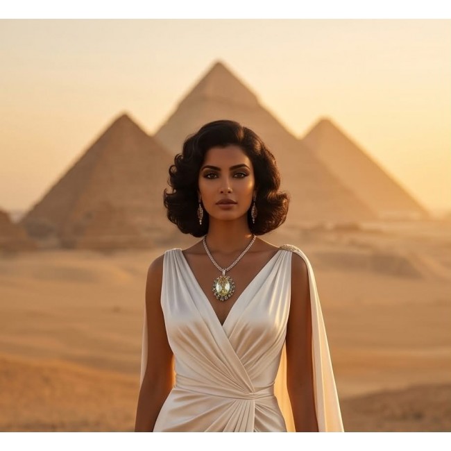 Golden Beauty 48.2 grams authentic Lemon Quartz .925 Sterling Silver handcrafted necklace - Woman wearing Golden Beauty necklace with pyramids in background.