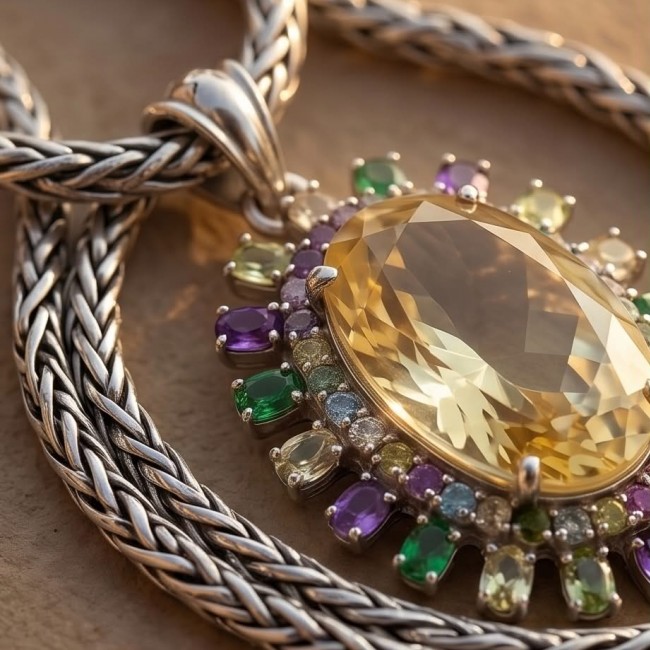 Golden Beauty 48.2 grams authentic Lemon Quartz .925 Sterling Silver handcrafted necklace - Close-up of Lemon Quartz pendant with colorful gemstone accents.