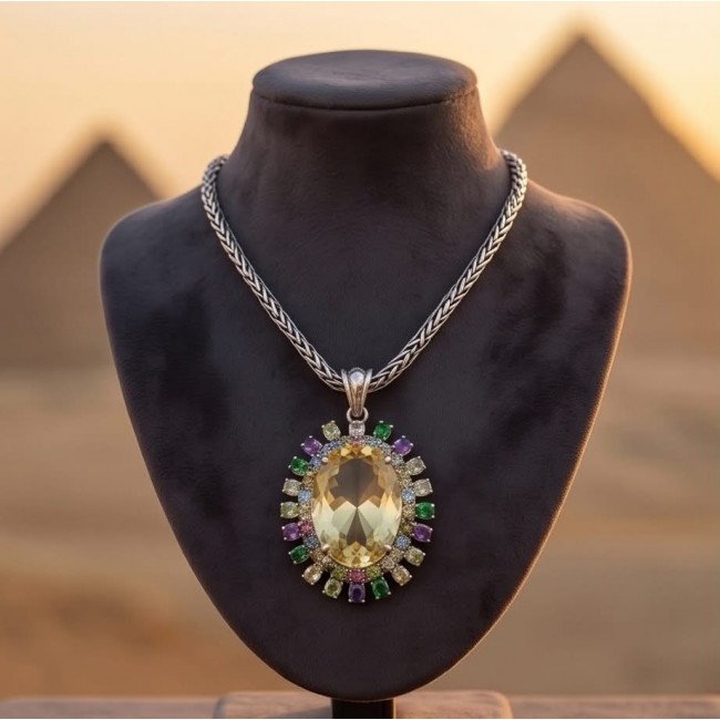 Golden Beauty 48.2 grams authentic Lemon Quartz .925 Sterling Silver handcrafted necklace - Elegant necklace with lemon quartz pendant, front view, pyramids background