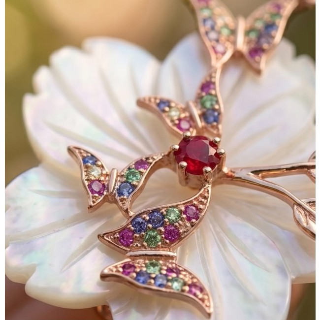 Summer Flowers Blister Pearl Red Topaz 18K Rose Gold over .925 Sterling Silver handcrafted Earrings - Close-up of Summer Flowers brooch with gemstones and red topaz in rose gold