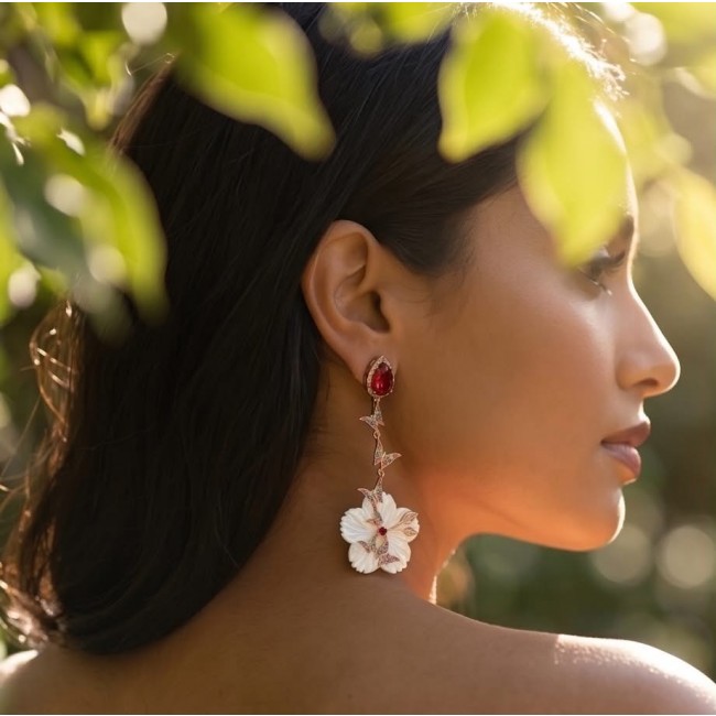 Summer Flowers Blister Pearl Red Topaz 18K Rose Gold over .925 Sterling Silver handcrafted Earrings - Side view of Summer Flowers earrings in natural light.