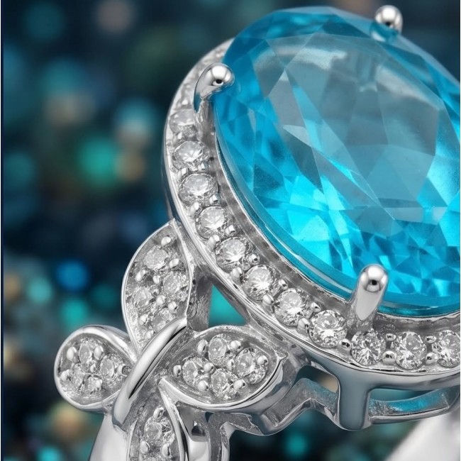 WONDERLAND 14.5 carat Paraiba Tourmaline .925 Sterling Silver Handcrafted Ring size 7 3/4 - Close-up of a 14.5 carat Paraiba Tourmaline ring in sterling silver.