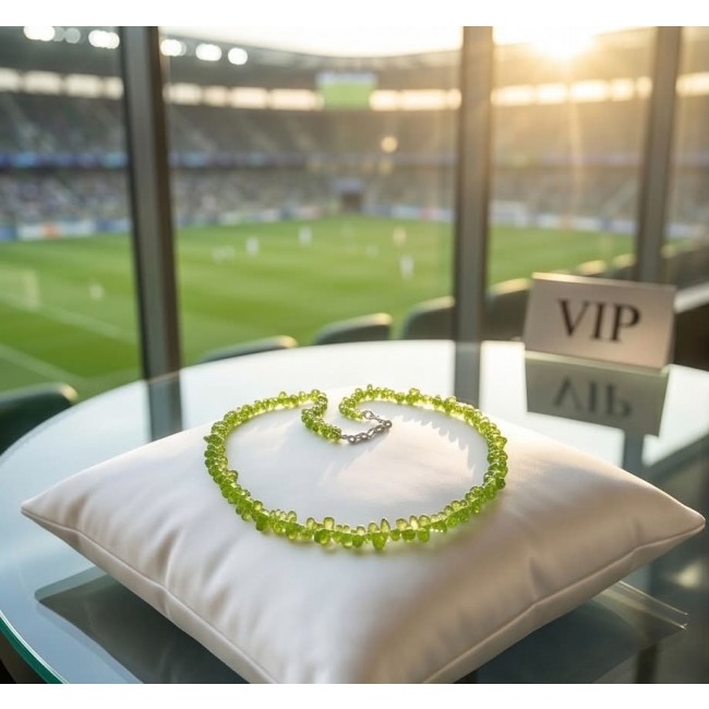 Melissa - Great Masterpiece 33.2 carat genuine Peridot .925 Sterling Silver handmade Statement necklace - Peridot necklace on pillow in VIP box overlooking football field