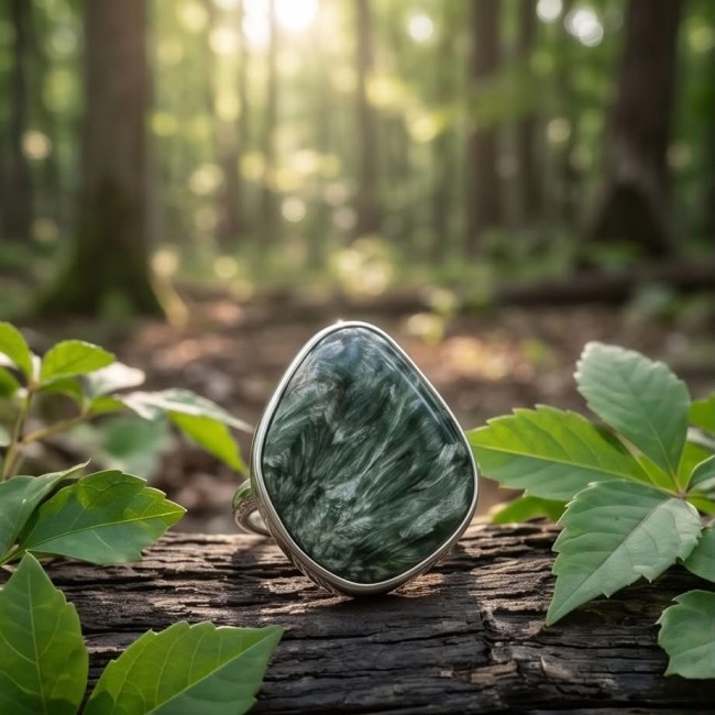 Great quality Seraphinite .925 Sterling Silver handcrafted Ring size 7 adjustable - Seraphinite ring close-up on a log in a forest setting.