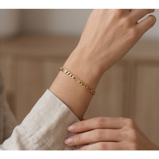 Authentic Figaro design 18K Gold over .925 Sterling Silver handmade Bracelet - 18K gold Figaro bracelet worn on wrist, close view