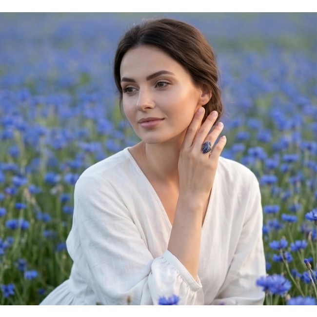 Blue Feather 5.2 carat natural Sapphire .925 Sterling Silver Perfectly handcrafted Ring s. 8 3/4 - Woman wearing Blue Feather sapphire ring in field of blue flowers.