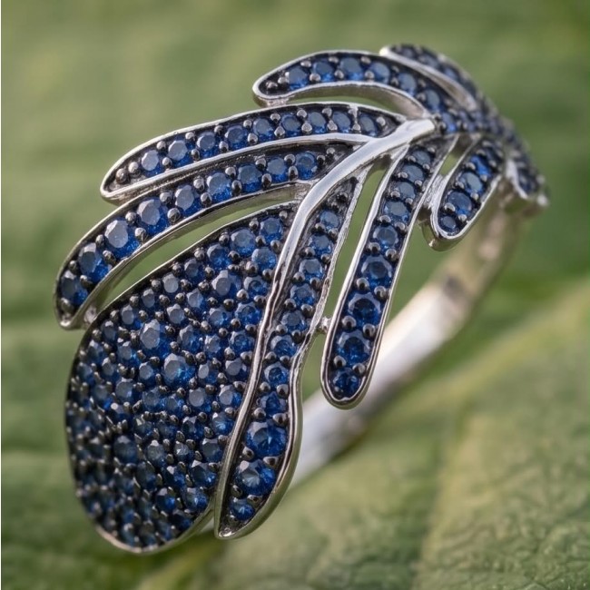 Blue Feather 5.2 carat natural Sapphire .925 Sterling Silver Perfectly handcrafted Ring s. 8 3/4 - Close-up of Blue Feather Sapphire ring in .925 Sterling Silver