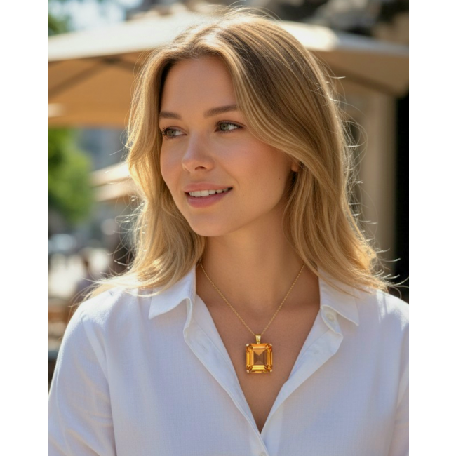 Luxury genuine 33.5 CARAT assher cut Champagne Topaz .925 Sterling Silver dipped in 18K Gold handmade Pendant - Woman wearing luxury 33.5 carat Asscher cut Champagne Topaz necklace.