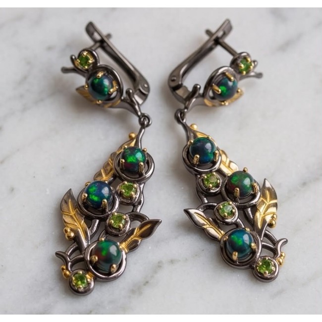 CAROLYN 4.2 carat Australian Black Opal black rhodium 18K Gold over .925 Sterling Silver incredible handcrafted Earrings - Close-up of CAROLYN earrings with Australian Black Opal and green stones.