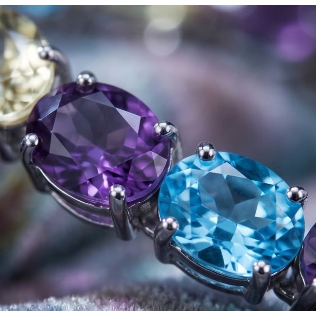 Pastel Royalty - 205.8 carat Natural Multigem .925 Sterling Silver Handcrafted Statement Necklace - Close-up of colorful multigem stones in .925 sterling setting.