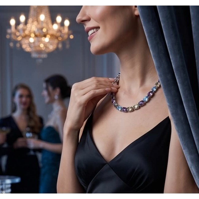 Pastel Royalty - 205.8 carat Natural Multigem .925 Sterling Silver Handcrafted Statement Necklace - Woman wearing Pastel Royalty necklace, side view with elegant setting.