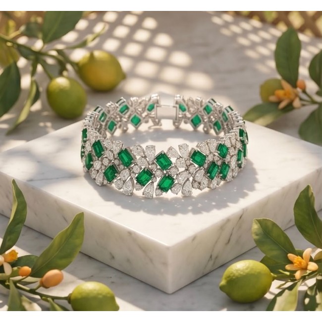 Victoria 39.5 ctw Colombian Emerald .925 Sterling Silver handcrafted Statement bracelet - Emerald bracelet on marble, surrounded by greenery, top view.