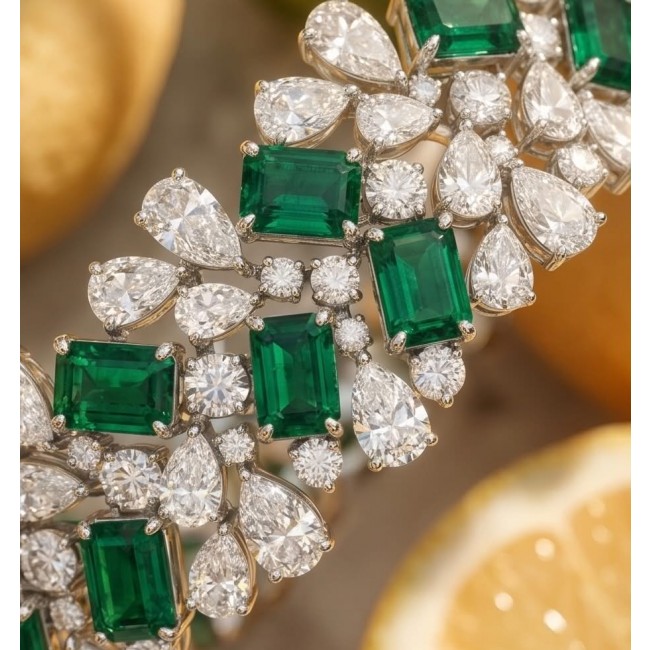 Victoria 39.5 ctw Colombian Emerald .925 Sterling Silver handcrafted Statement bracelet - Close-up of Colombian emerald and diamond sterling silver jewelry