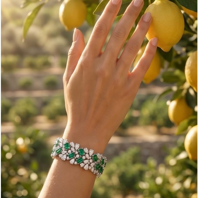 Victoria 39.5 ctw Colombian Emerald .925 Sterling Silver handcrafted Statement bracelet - Emerald bracelet worn on hand near lemon tree in sunlight