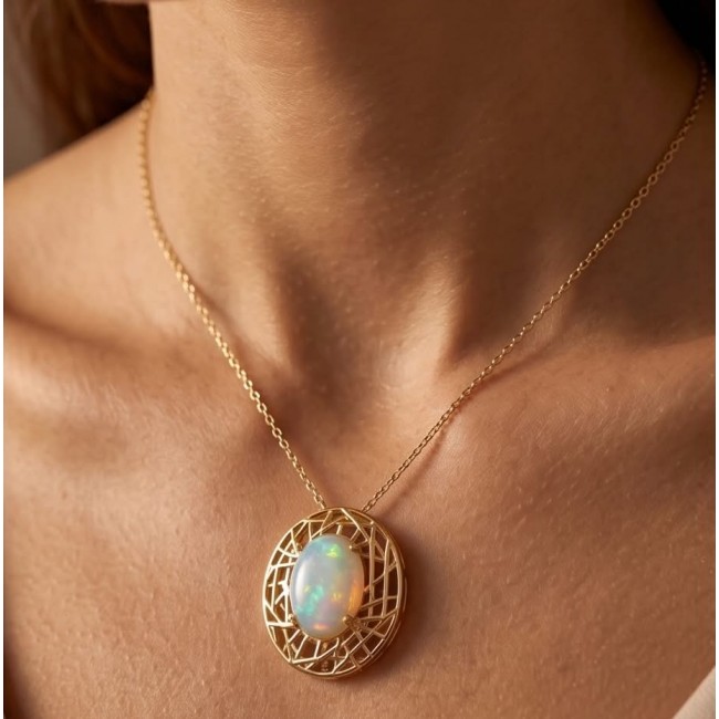 Earth Treasure Authentic 12.8 carat Golden Ethiopian Opal 22K Gold over .925 Sterling Silver handcrafted Statament Necklace - Opal pendant necklace, close-up view, worn on neck.