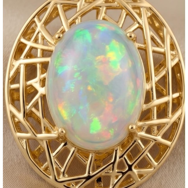 Earth Treasure Authentic 12.8 carat Golden Ethiopian Opal 22K Gold over .925 Sterling Silver handcrafted Statament Necklace - Close-up of 12.8 carat Golden Ethiopian Opal in intricate gold setting.