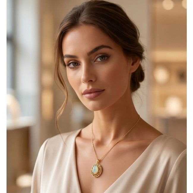 Earth Treasure Authentic 12.8 carat Golden Ethiopian Opal 22K Gold over .925 Sterling Silver handcrafted Statament Necklace - Worn: woman wearing Earth Treasure 12.8 carat Golden Ethiopian Opal necklace
