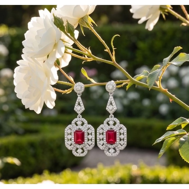 Carolyn - authentic 6.4 carat Ruby .925 Sterling Silver dipped in rhodium handcrafted Statement earrings - Ruby and silver earrings hanging on white roses in a garden.