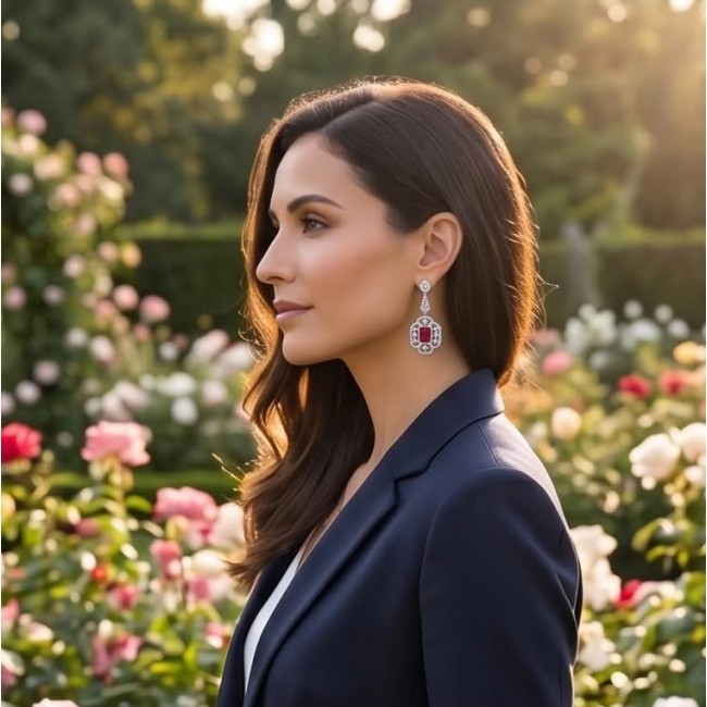 Carolyn - authentic 6.4 carat Ruby .925 Sterling Silver dipped in rhodium handcrafted Statement earrings - Side view of Carolyn earrings with 6.4 carat ruby, worn in a garden setting.
