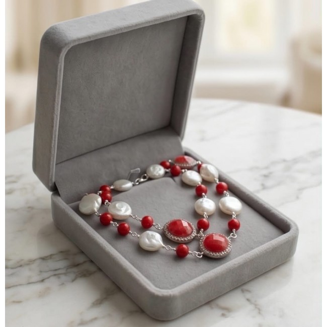 Sublime 32 inches long Red Fossilized Coral .925 Sterling Silver handmade Necklace - Necklace in box, top view, red coral and pearl design.