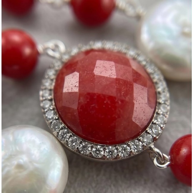 Sublime 32 inches long Red Fossilized Coral .925 Sterling Silver handmade Necklace - Close-up of red fossilized coral and diamond-accented jewelry piece.