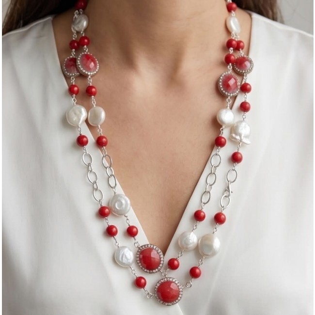 Sublime 32 inches long Red Fossilized Coral .925 Sterling Silver handmade Necklace - Necklace worn on neck, red coral and pearls with silver chain.