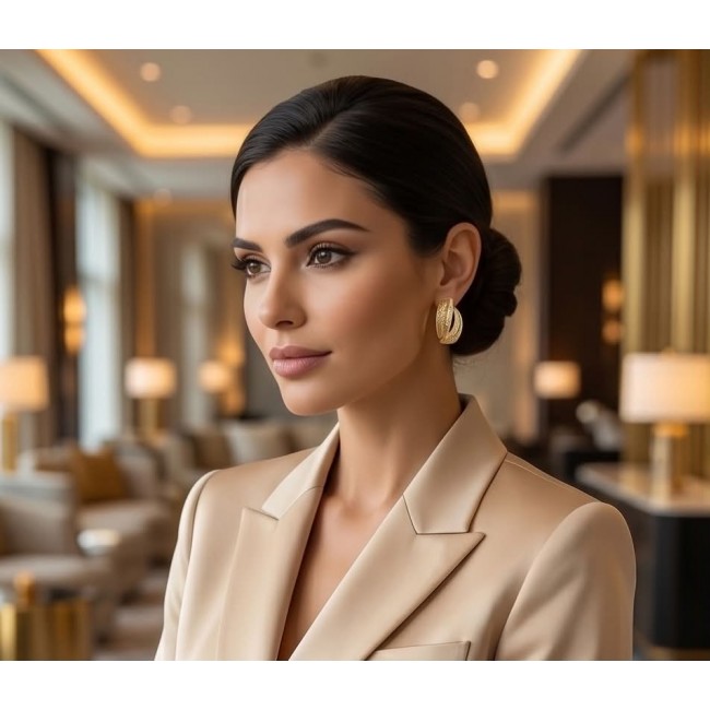 Dubai Style - .925 Sterling Silver dipped in 22K Gold handmade Large Earrings - Side view of model wearing Dubai Style gold hoop earrings.