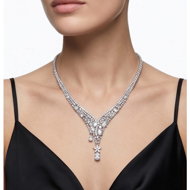 Veronica - Precious 35.5 carta White Topaz rhodium over .925 Sterling Silver .925 Sterling Silver Statement Necklace - Model wearing Veronica - White Topaz necklace, front view.