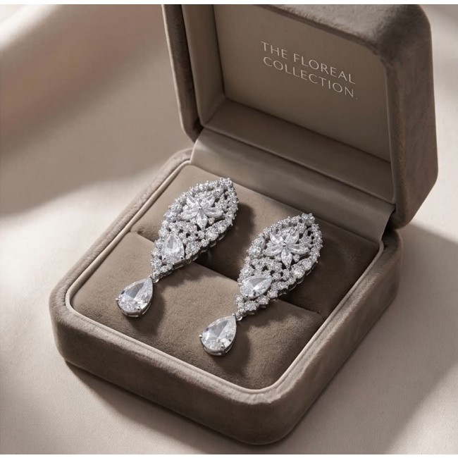 Veronica - Precious 35.5 carta White Topaz rhodium over .925 Sterling Silver .925 Sterling Silver Statement earrings - Elegant earrings in box, top view, showcasing white topaz and rhodium.